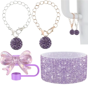 Rhinestone Tumbler Accessories Bling Ball Pendant Chain Bow Silicone Straw Cover Sparkling Sleeve For Water Bottle