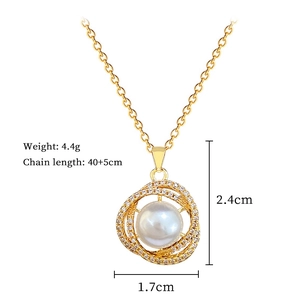 Detail showing dimensions of gold bird nest necklace with pearl and zircon pendant