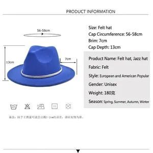 Blue wool fedora hat with white band and detailed size chart for men and women
