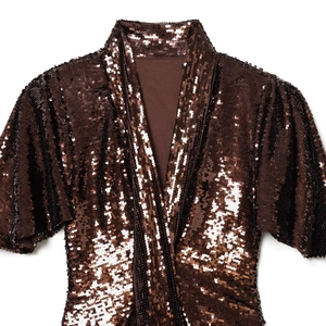 Deep brown sequined V-neck dress with wrap design and high-density glitter detailing