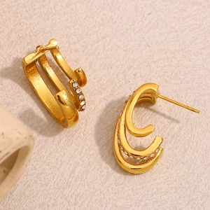 18K gold plated multi-layer C-shaped stud earrings with sparkling white rhinestones