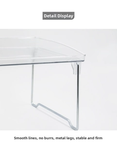 Detailed close-up of smooth acrylic edges and sturdy metal leg support on the shelf