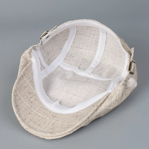 Béret vintage en lin beige avec boucle en métal réglable et doublure intérieure légère
