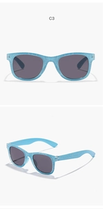 Detailed front and side views of light blue glitter square frame children's sunglasses