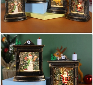 Detail of vintage bronze Christmas snow globes with Santa and snowman figurines and lights