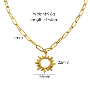 14K gold plated stainless steel paperclip chain necklace with a sun pendant charm