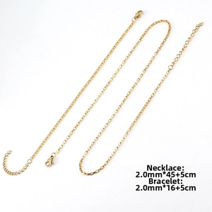 Detailed view of 2mm 18K gold plated stainless steel box chain necklace and bracelet set