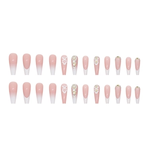 French gradient press-on nails with 3D white flowers and zircon rhinestones, 24 pieces
