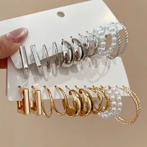 Twisted Geometric Artificial Pearl Hoops And Studs Collection Minimalist Elegant Alloy Jewelry With Silver Earring Post For Women