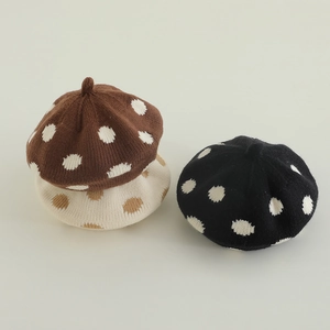 Chic polka dot knit berets for kids in brown, cream, and black colors for autumn and winter