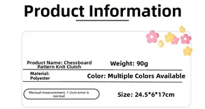 Detailed spec sheet for knitted checkerboard cosmetic bag showing dimensions and materials