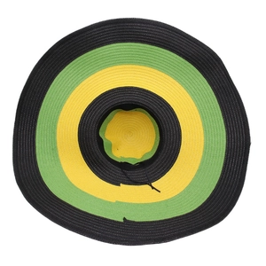 Oversized Rasta-style straw sun hat with green yellow and black striped brim for beach