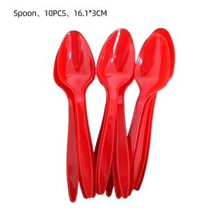 Set of 10 red plastic spoons for lobster BBQ party, size 16.1x3cm on white background