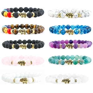 Natural Stone Agate Lava Rock Beaded Bracelet For Women Men Gold Alloy Elephant Pendant Rhinestone Elastic Yoga Jewelry