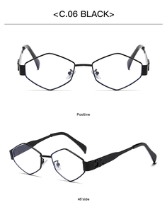 Detail view of black geometric metal sunglasses with embossed logo on temples