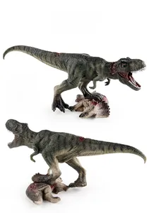 Macro detail of a Tyrannosaurus Rex model standing on a Triceratops prey in green finish
