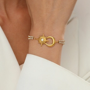 Bracciale in acciaio inossidabile placcato oro 14K con sole e luna e doppia fila di zirconi