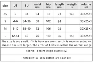 Guide des tailles pour mini-jupe denim Y2K avec mesures en cm et correspondances US/UE