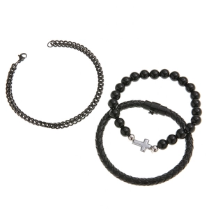 3-piece set of black men's bracelets with leather, metal chains and cross pendant