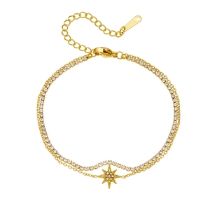 Gold double-layered stainless steel bracelet with rhinestone star charm and tennis chain