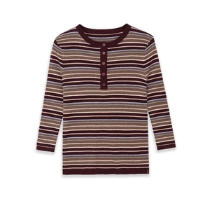 Women Long Sleeve Striped Knit Top Henley Neck Button Slim Fit Ribbed Casual Streetwear Pullover T-Shirt