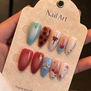 Almond Shape Press On Nails With 3D Cherry Flower Leopard Print French Style Artificial Fake Nails For Women Manicure