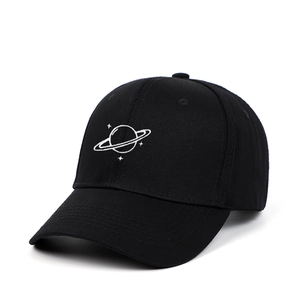 Classic black baseball cap with white satellite embroidery and breathable cotton texture