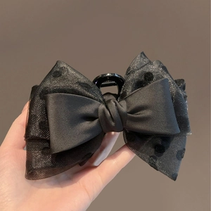 Elegant black satin and polka dot tulle bow hair claw clip for women's hairstyles