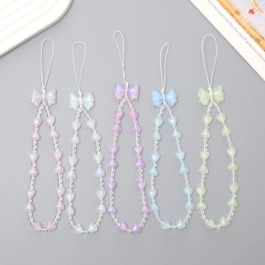 Mermaid Iridescent Heart Beaded Phone Strap With Bow Sweet Iridescent Beaded Phone Lanyard Wrist Strap Women Phone Accessory