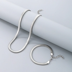 Minimalist silver stainless steel flat snake chain necklace and bracelet jewelry set