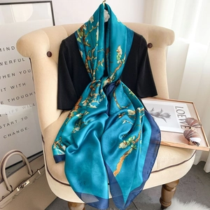 Elegant Artistic Floral Print Scarf Satin Like Sun Protection Satin Shawl For Women Lightweight Soft Fashionable Long Wrap