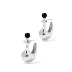 Polished silver 925 hoop earrings with black onyx bead in minimalist C-shape design