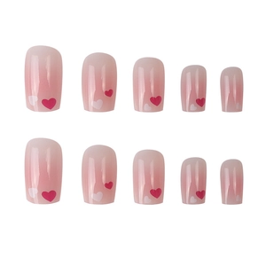 Pink gradient press-on nails with heart patterns, square oval shape, 10-piece set