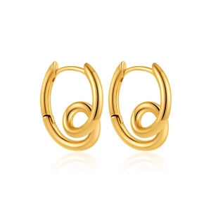Elegant 18K gold hoop earrings with unique spiral line texture on a clean white background