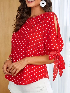 Polka Dot Blouse Voor Dames Elegante Ronde Hals Uitlopende Mouwen Cold Shoulder Top Met Strikmanchetten Casual Vakantie