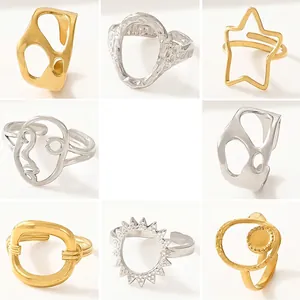 Stainless Steel Rings Hollow Geometric Adjustable Open Sun Star Face Shape Minimalist Fashion Jewelry For Women