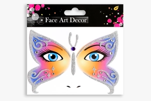 Detail of butterfly face sticker with silver glitter, blue eye patterns and rhinestones