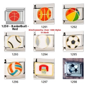 Detail showcasing basketball, soccer, and baseball Italian charm links in stainless steel
