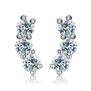 Three-stone curved moissanite crawler earrings in polished silver finish with reflection