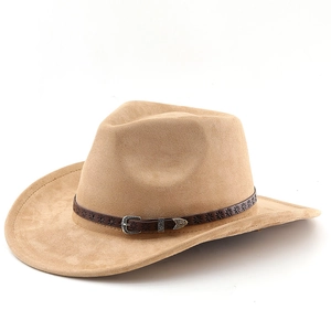 Classic camel faux suede western cowboy hat with embossed leather band and metal buckle