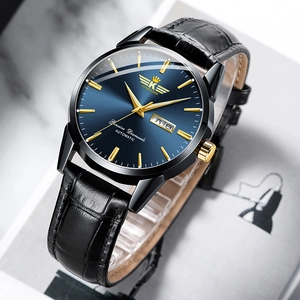 Classic men's waterproof quartz watch with blue sunray dial and black leather strap