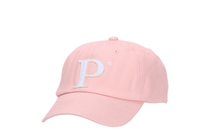 Detail of light pink cotton baseball cap featuring white embroidered P logo and stitching