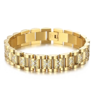Stainless Steel Watchband Link Bracelet Iced Out Rhinestone Hip Hop Fashion Jewelry For Men Women Luxury Glossy Finish