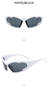 Front and side view of white Y2K sports sunglasses with dark lenses and hollow frame
