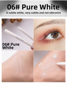 Dettagli macro della matita eyeliner bianca impermeabile 06 bianco puro su pelle e occhi