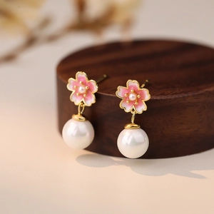 Cherry Blossom Artificial Pearl Stud Earrings S999 Sterling Silver Pink Sakura Flower Dangle Jewelry For Women Girls Fresh Sweet