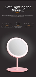 Detail view of pink LED makeup mirror with circular light ring and touch sensor switch
