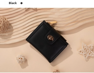 Close-up of black PU leather wallet featuring a gold swivel lock and top zipper detail