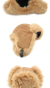 Detail of winter trapper hat with thick faux fur lining and adjustable chin buckle strap