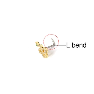 Golden snake-shaped nose stud with L-bend screw and sparkling cubic zirconia stones